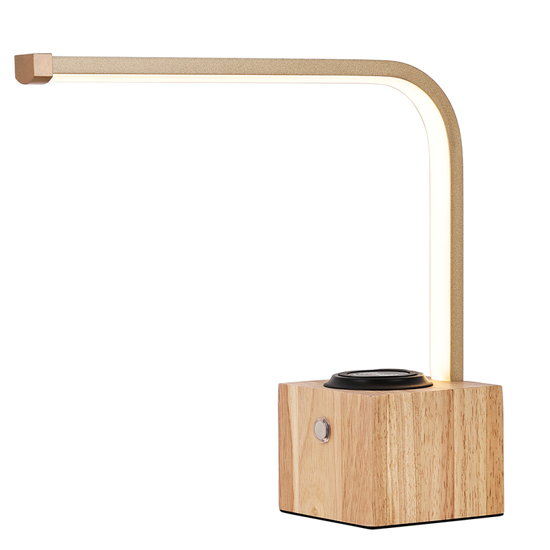 Lampada da scrivania tradizionale a LED con base in legno e caricatore wireless