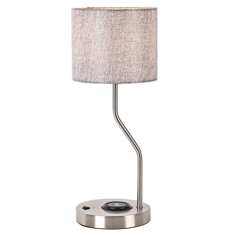 Lampada da tavolo con caricabatteria wireless per telefono e paralume in tessuto